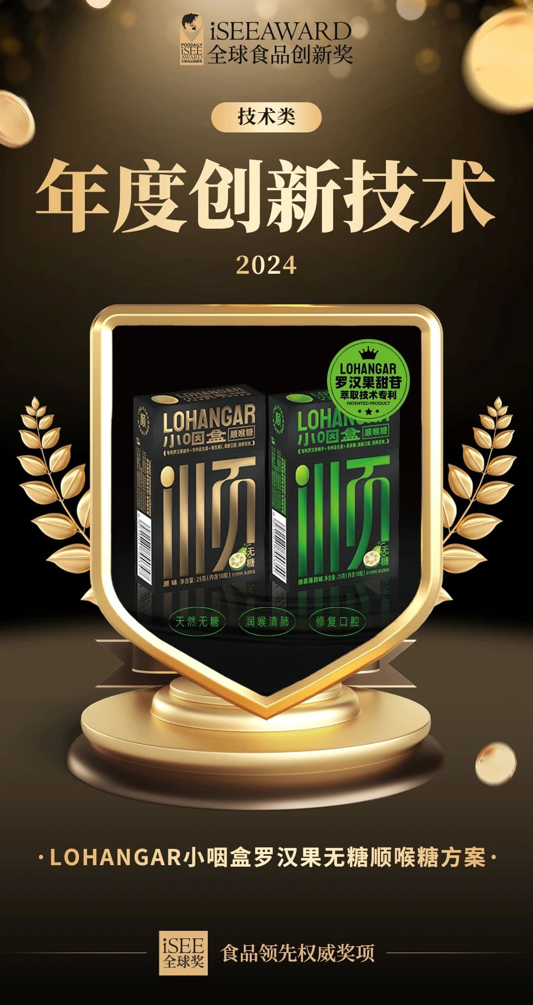 lohangar monk fruit socker-free throat lozenges solution vann 2024 års isee global annual innovation technology award!